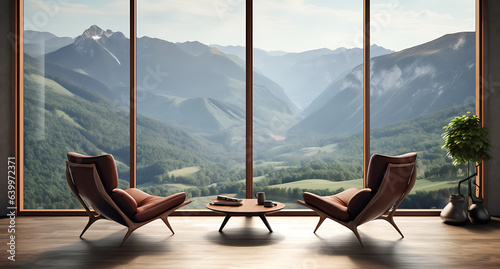 Beautiful luxury warm living room with two brown leather couches, sofa table, plants. Amazing view to mountains landscape through the window. Empty with nobody