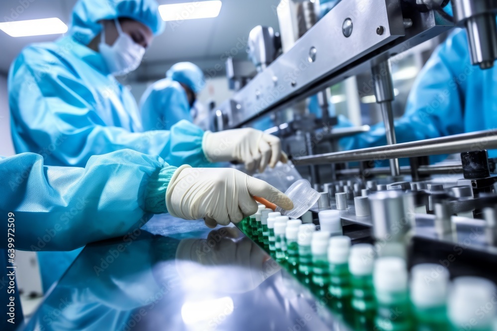 Scientists in a clean room in a jumpsuit working with test tubes, nanotechnology and other advanced technologies. Generative ai Scientists in a clean room in a jumpsuit working with test tubes, nanotechnology and other advanced technologies. Generative ai
