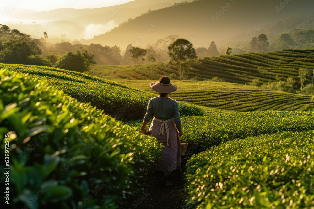 a woman picks tea on a plantation in Thailand. view from the back. agricultural work. green leaves on the field.