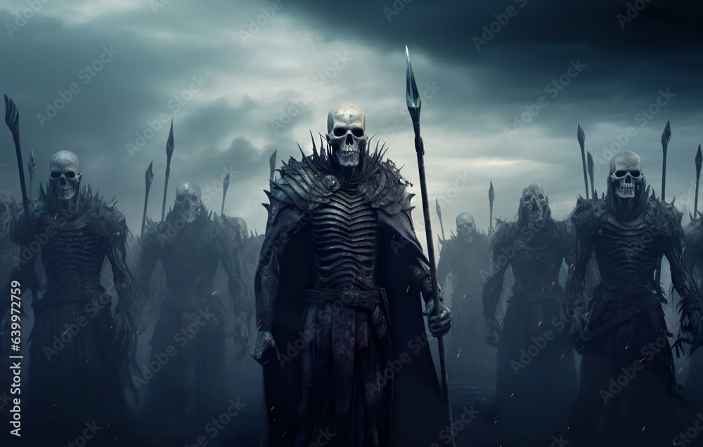 Army of evil undead in mist, scary skeletons in post apocalypse night - obrazy, fototapety, plakaty 