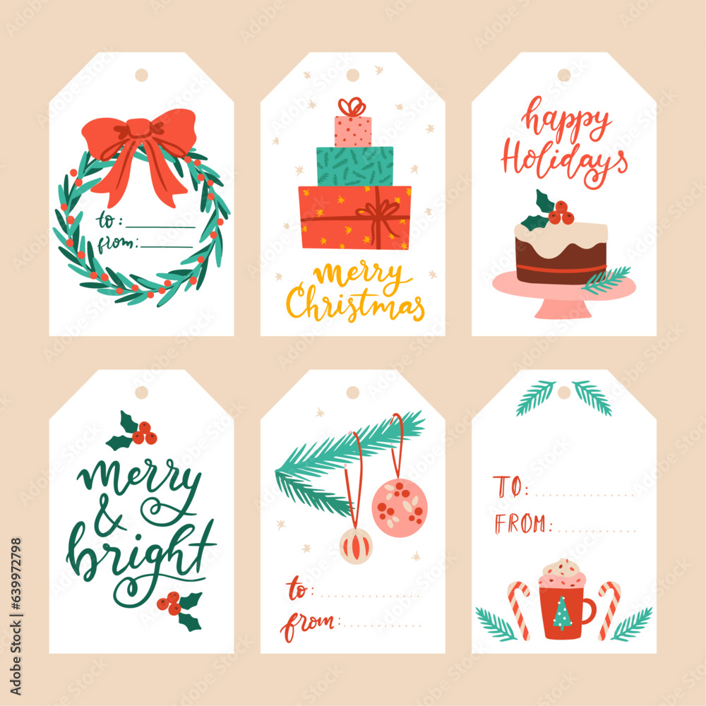 Vector set of Christmas tags, festive illustrations, hand lettering