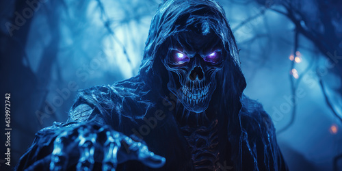 Scary reaper evil undead, creepy skeleton in forest at night
