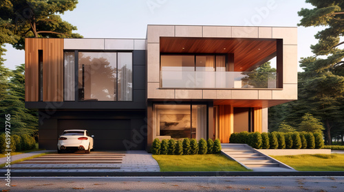 Modern luxury house, villa with panoramic windows in forest photo