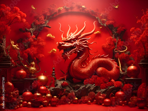 The year of the dragon, red dragon with the red background, Chinese New Year.