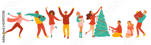 Vector illustration of happy people characters celebrating Christmas and New Year, decorating Christmas tree, carrying gifts