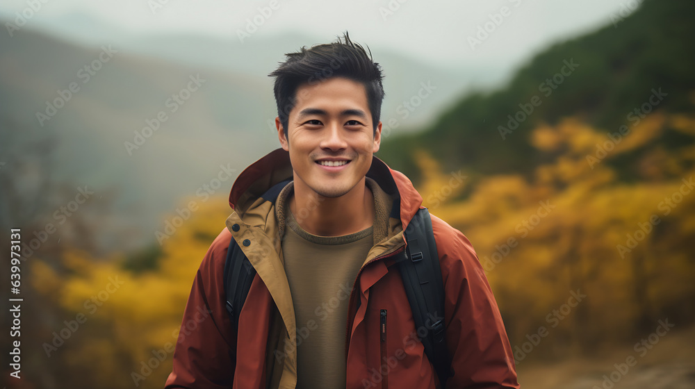 A Handsome Asian Man Enjoying His Vacation at a Mountain Retreat A Handsome Asian Man Enjoying His Vacation at a Mountain Retreat