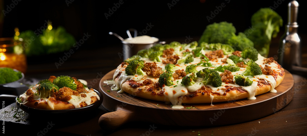 Our vivid stock picture transports you to a gastronomic delight. A wooden table with a circle of delicious pizza stands out against a white backdrop. As soft chicken nuggets and crisp steamed broccoli Our vivid stock picture transports you to a gastronomic delight. A wooden table with a circle of delicious pizza stands out against a white backdrop. As soft chicken nuggets and crisp steamed broccoli