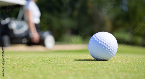 golf ball on a beautiful green field on sunny day in high resolution and sharpness