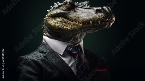 An alligator wearing a suit and tie.Generative AI