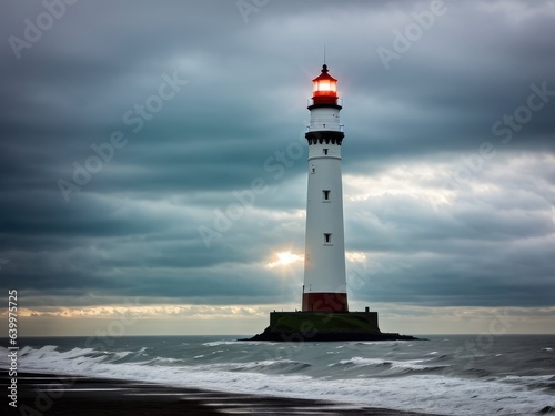 Tall lighthouse at the north sea under a cloudy sky. Generative AI photo