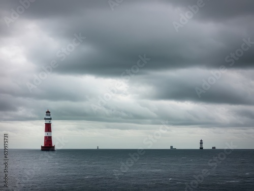 Tall lighthouse at the north sea under a cloudy sky. Generative AI