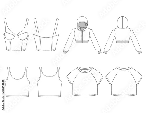 Set of 4 women’s tops flat sketches / Corset flat illustration/ Women’s hoodie flat illustration/ Halter crop top flat illustration/ Raglan T-Shirt flat illustration. Technical drawing for tech sheets