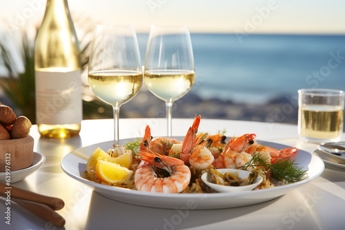 Editorial photography  yummy jucy seafood and white wine  blurred background  high definition  summer  restaurant  copyspace. Ai generated.