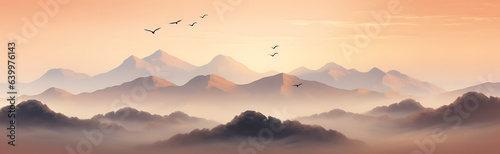 Landscape of sunset in the mountain with brown cloud details and birds flying © IgnacioJulian