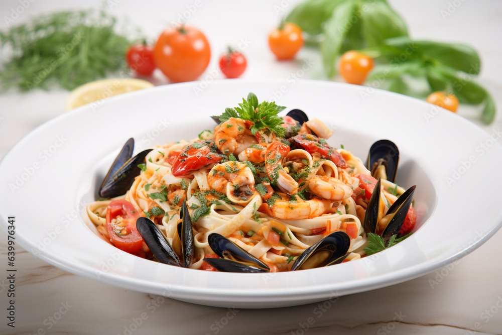 Food photography, close-up of spaghetti ai frutti di mare, delicious italian pasta, mussels, shrimps, squid, clams, seafood, white blurred background, ai generated.