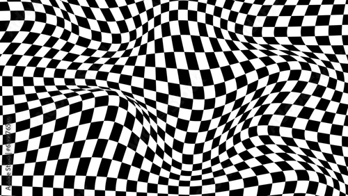 Abstract optical illusion wave. Black and white squares with distortion effect. Vector geometric stripes pattern.