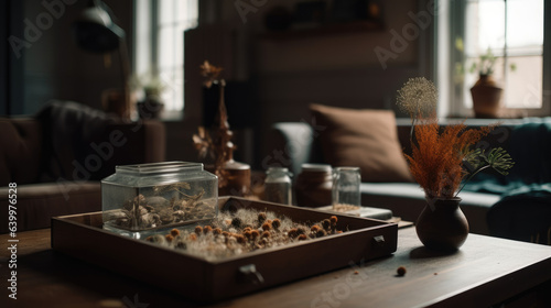 The living room is adorned with a gray and brown color scheme  featuring a wooden tray placed on the coffee table above the sofa. On the tray  there is a glass jar filled with dried flowers  a vase.