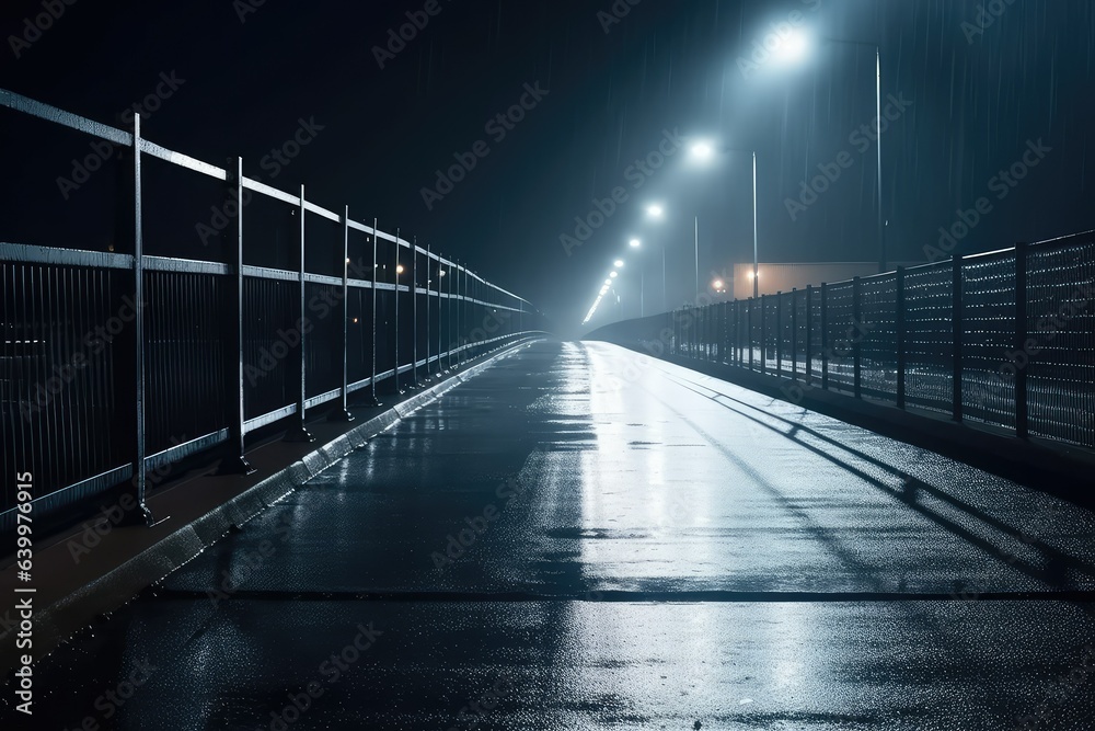 Midnight road or alley with car headlights
