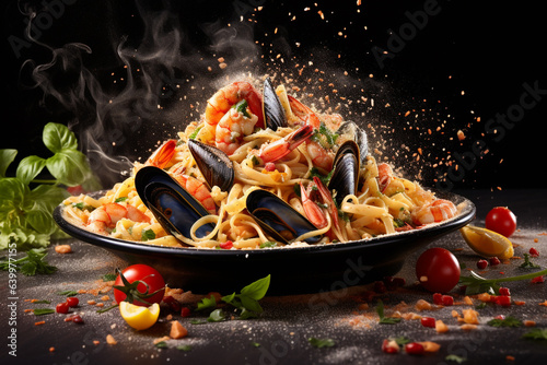 Food photography, editorial photography, close-up of spaghetti ai frutti di mare, delicious italian pasta, mussels, shrimps, squid, clams, seafood, white blurred background, ai generated, AI. photo