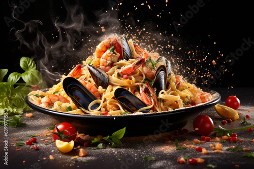 Food photography, editorial photography, close-up of spaghetti ai frutti di mare, delicious italian pasta, mussels, shrimps, squid, clams, seafood, white blurred background, ai generated, AI.