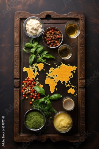 World Vegetarian Day. a kitchen board with the emblem of the world map, with a set of seasonings and products for vegetarian dishes.