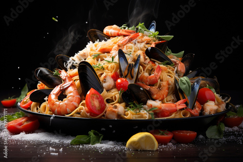 Food photography, editorial photography, close-up of spaghetti ai frutti di mare, delicious italian pasta, mussels, shrimps, squid, clams, seafood, white blurred background, ai generated, AI. photo