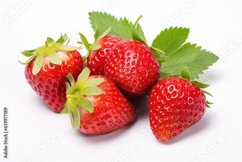 five strawberries with strawberry leaf on white background.