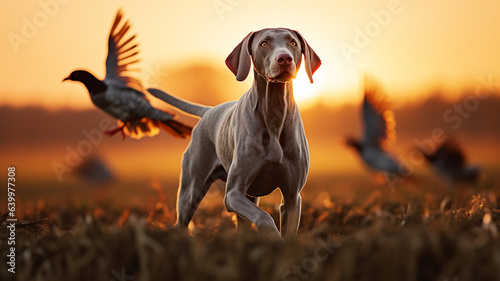 Weimaranian hunting dog in field with pheasants. Nice lighting, dog photography,hunting, hunting breeds, working dog. Weimaraner. Generative Content.