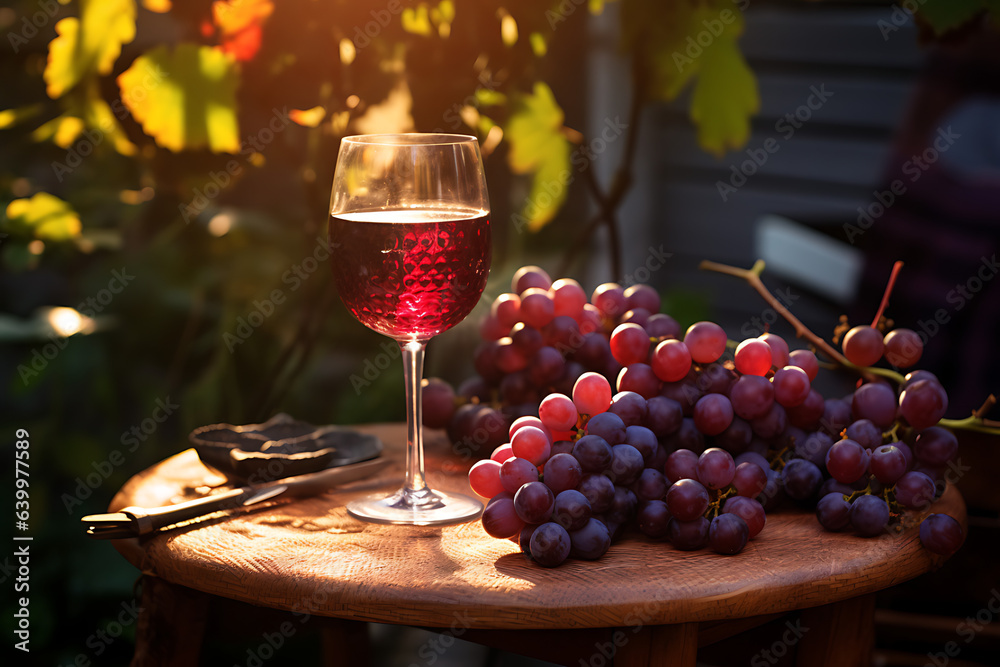 Glass of red wine on a table with red grapes in front of vineyards with reflection of sunlight 
