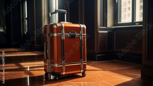 Luxury suitcases in a stylish butique hotel lobby. Vacation concept and luxury travel. photo