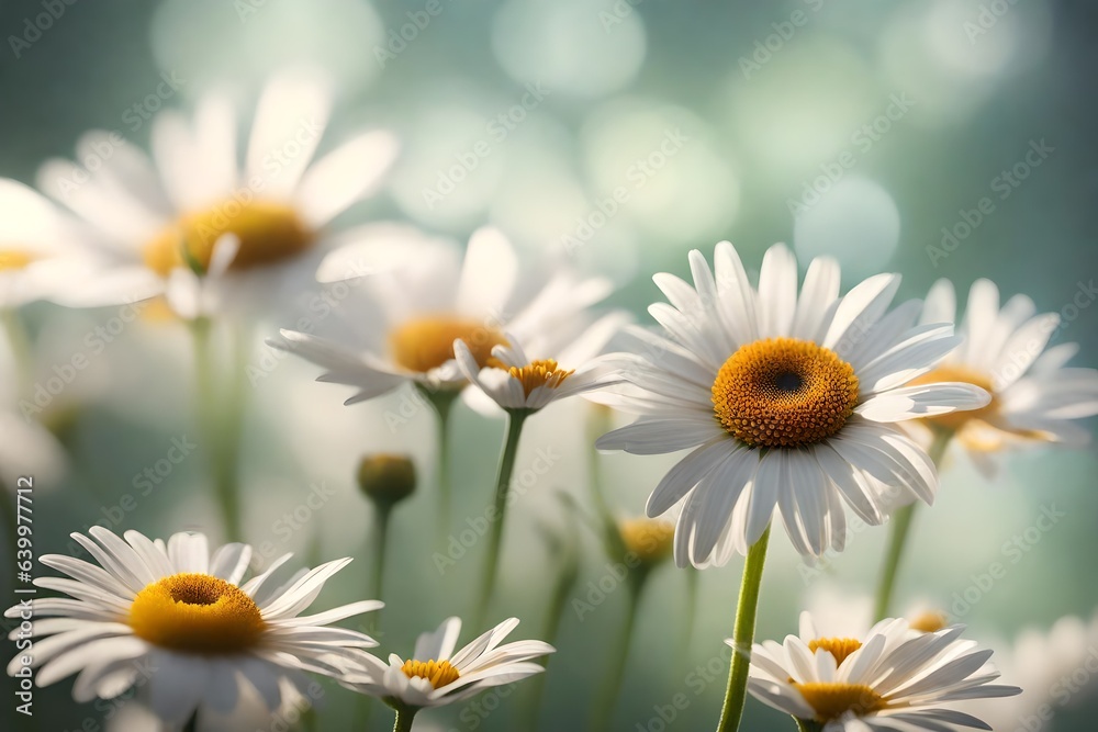 Fototapeta premium White daisies are pretty flowers that people often give as a present on Mother's Day. In the picture, the flowers are shown close with a blurry background.. Creative resource, AI Generated
