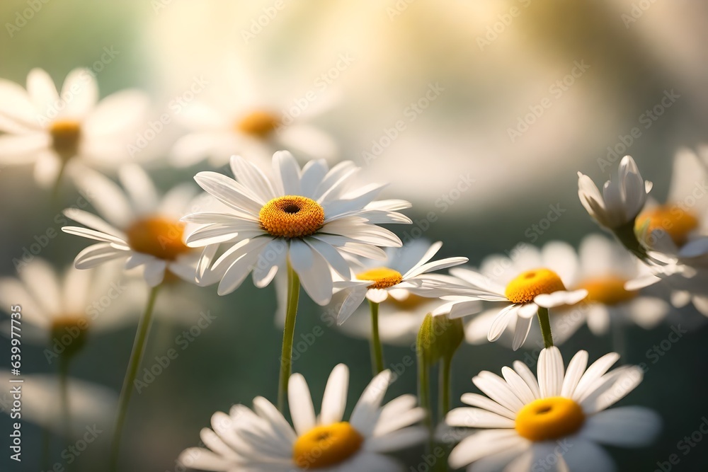 White daisies are beautiful flowers that people often give as a gift on Mother's Day. The picture shows flowers close with a blurry background.. Creative resource, AI Generated