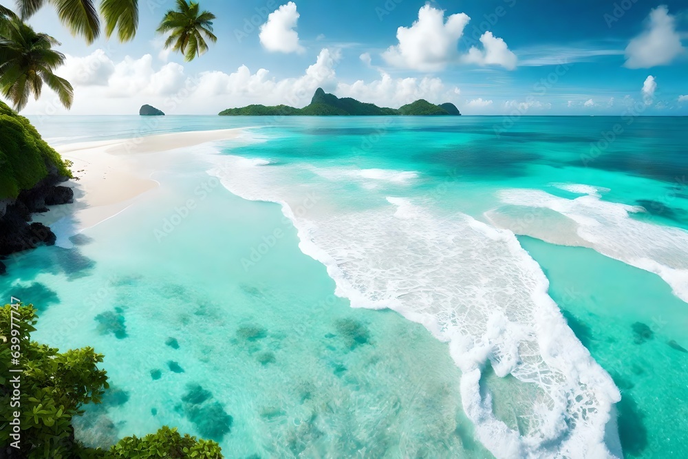 Fototapeta premium A beautiful beach in a hot location with soft, pale sand and crystal clear, turquoise water.. Creative resource, AI Generated