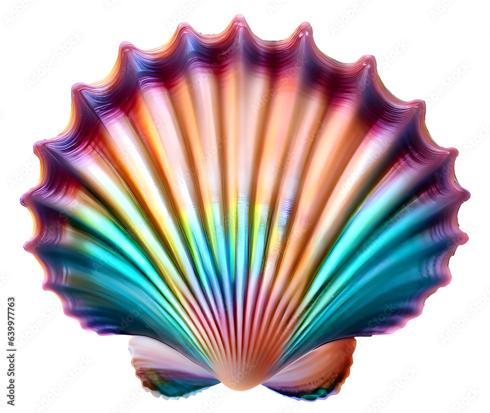 Isolated seashell scallop multicolor iridescent, computer generated illustration for use as decoration element