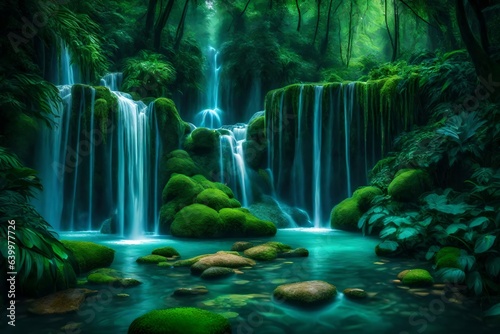 A beautiful waterfall oasis, with lots of green plants and blue water surrounding it.. Creative resource, AI Generated © DEER FLUFFY