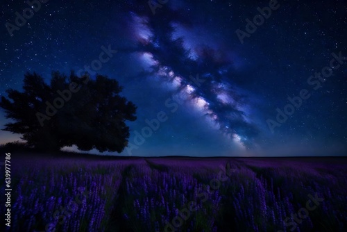 A big open field covered in grass, with a sky full of stars that are shining in dark blue and purple colors.. Creative resource, AI Generated