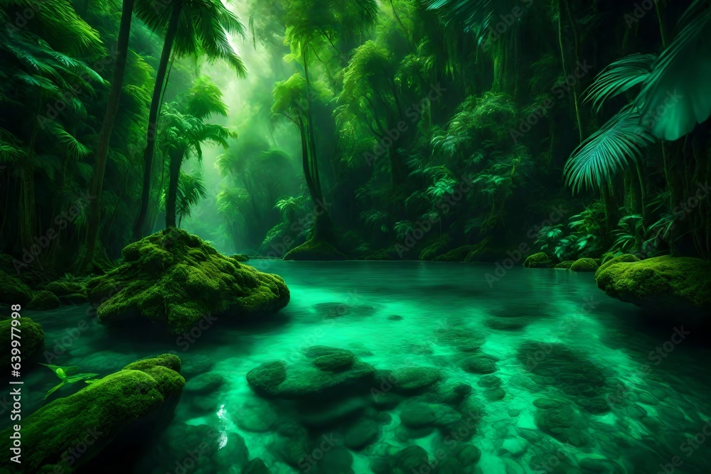 A pretty tropical location with many green plants in vibrant shades of green and blue.. Creative resource, AI Generated