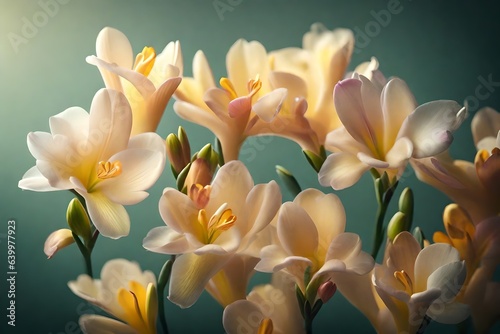 Pretty freesias, which are a nice present to show thanks on Mother's Day, have been taken pictures of in a studio with gentle and romantic lighting.. Creative resource, AI Generated © DEER FLUFFY