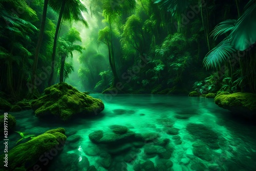 A pretty tropical location with many green plants in vibrant shades of green and blue.. Creative resource  AI Generated