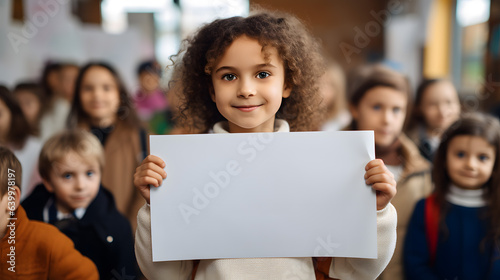 niña latina sosteniendo un cartel blanco con espacio para texto photo