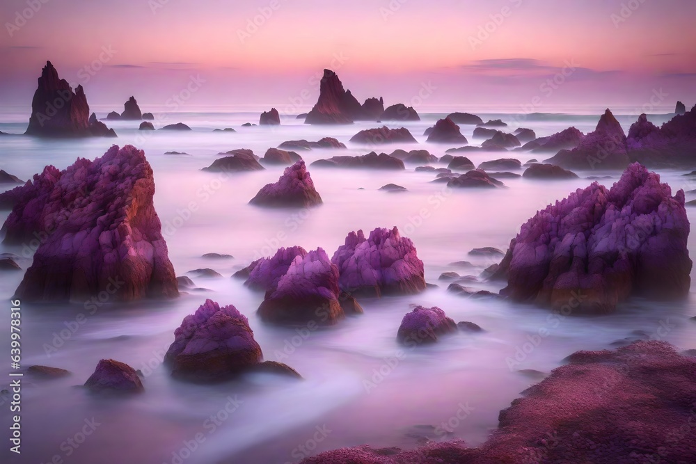 In the morning, the edge of the water has really nice rocks in pink and purple colors.. Creative resource, AI Generated