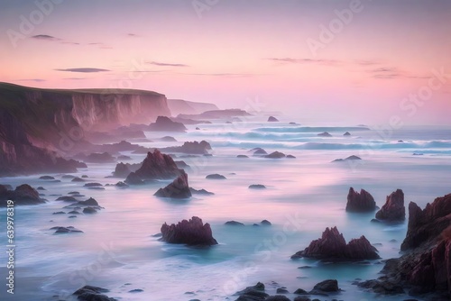 In the morning  the cliffs near the coast look light blue and pale pink.. Creative resource  AI Generated