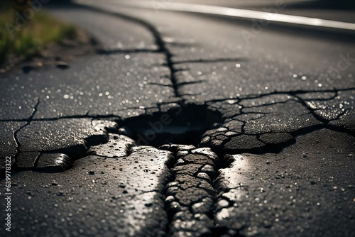 The photo is a close-up of a damaged road with holes in it. This demonstrates that our roads are not getting enough attention and there are problems with traveling.. Creative resource, AI Generated