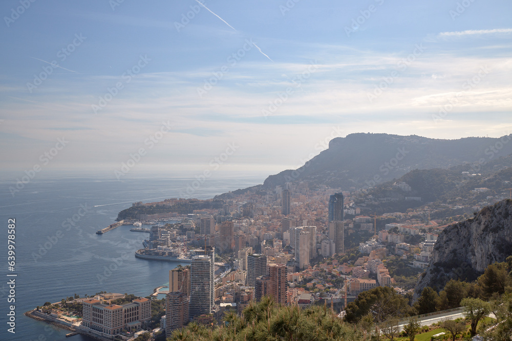Aerial view of Monaco at sunset.
