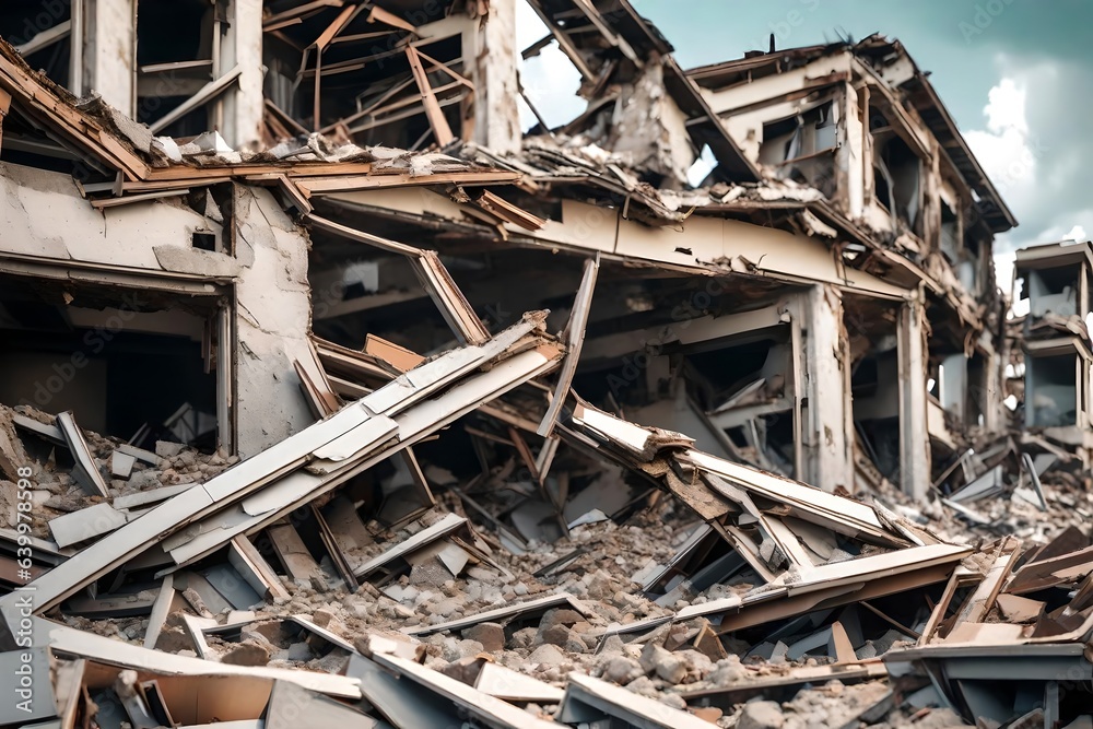 A building collapsed because of shaking ground called an earthquake, AI Generated