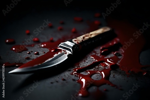 A scary crime scene is shown with a bloody knife on a dark surface, AI Generated © DEER FLUFFY