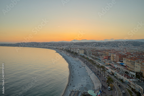 Sunset aerial view of the city of Nice, France.