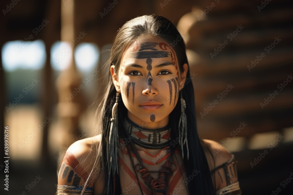 Portrait of a Beautiful Fictional Native American Indian Young Woman with Warpaint Make-Up. Generative AI.