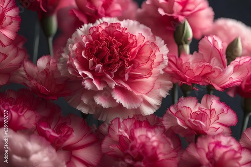 Beautiful, fun carnation flowers that represent Mother's Day, shown in pictures that highlight all the tiny and detailed parts of the flowers.. Creative resource, AI Generated
