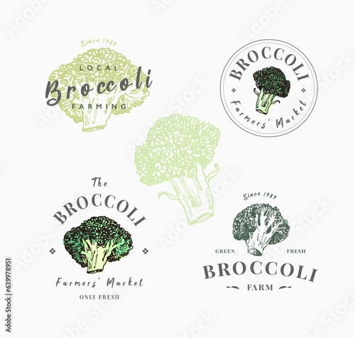 Farmers market, logo template set. Hand drawn broccoli illustrations with lettering, badge and emblem design